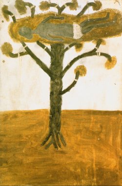Plate 2: Hector Jandany (c. 1924-2006), “The Dead Christ in the Tree,” undated, natural ochre and pigments on canvas, 92 x 60 cm; printed in: Crumlin, R. and Knight A. (eds.), Aboriginal Art and Spirituality, Collins Dove, Melbourne 1991, p. 39