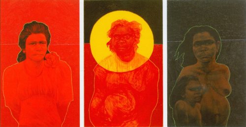 Plate 9: Julie Dowling (*1969), “Minority Rites I, II, III,” 2003, acrylic, blood, red ochre and plastic on canvas (triptych), 80 x 50 cm each; printed in: Flinders University City Gallery (ed.), Holy, Holy, Holy, Flinders University City Gallery, Adelaide 2004, p. 75