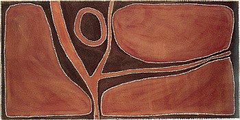 Larger image in new window. Fig. 2: Rover Thomas (Joolama) (ca. 1926-1998), The Burning Site, 1990, ochre pigments on canvas, 90 x 180 cm; printed in: Thomas, Rover, Akerman, Kim, Macha, Mary, Christensen, W. und Caruana, Wally: Roads Cross. The Paintings of Rover Thomas, Craftsman Press, Victoria 1994, p. 56
