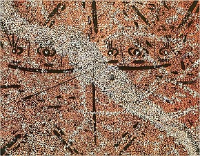 Larger image in new window. Fig. 2: Tim Leura Tjapaltjarri, Seven Sisters Tjukurrpa, 1973, synthetic polymer paint on wood, printed in: Benjamin, Roger und Weislogel, Andrew C. (eds.): Icons of the Desert: Early Aboriginal Paintings from Papunya, Herbert F. Johnson Museum of Art, Cornell University, New York 2009, p. 32