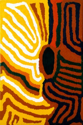 Abb. 3: Lucy Yukenbarri Napanangka, Puturr Soak, 1998, Acryl auf Leinwand, 150 x 100 cm, abgedruckt in: Aboriginal Art Galerie Bähr (Hg.): Das Verborgene im Sichtbaren. The Unseen in Scene, 2. Aufl., Speyer 2002