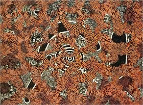 Larger image in new window. Clifford Possum Tjapaltjarri, Sun Tjukurrpa, 1972, 43 x 58 cm, printed in: Bardon, Geoffrey: Papunya Tula. Art of the Western Desert, McPhee Gribble, Melbourne 1991, p. 116