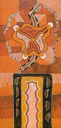 größeres Bild im neuen Fenster.  Abb 4.: Matthew Gill Tjupurrula (ca. 1960-2006), Mutterschaft, 1982, Acryl auf Leinwand, 240 x 119 cm; abgedruckt in: Crumlin, R. und Knight A. (Hg.), Aboriginal Art and Spirituality, Collins Dove, Melbourne 1991, S. 58