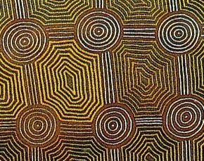 größeres Bild im neuen Fenster. Abb. 4: Ausschnitt aus:  Simon Tjakamarra, Tingari Tjukurrpa at Karrkurritinytja, 1986, Acryl auf Leinwand, 214 x 274 cm, abgedruck in Art Gallery of Western Australia (Hg.): Indigenous Art - Art Gallery of Western Australia, Perth 2001, S. 37