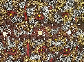 Larger image in new window. Fig. 6: Tim Leura Tjapaltjarri, Sun, Moon and Morning Star Tjukurrpa, 1973, synthetic polymer paint on wood, 45 x 58 cm, printed in Bardon, Geoffrey: Papunya Tula. Art of the Western Desert, McPhee Gribble, Melbourne 1991, p. 121