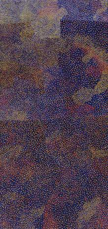 Abb. 2: Gladdy Kemarre, Arnwekety Altyerre, 1998,  Acryl auf Leinwand, 175,5 x 83 cm, abgedruckt in: Städtisches Kunstmuseum Spendhaus Reutlingen  (Hg.): Bilderwelten in Utopia. Holzschnitte und Gemälde von Aborigines, Speyer 2004, S. 97
